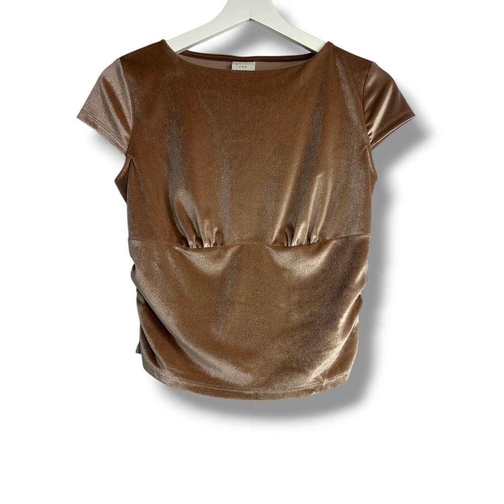 A New Day Velvet Top Womens XS Brown Ruched Short Sleeve Boat Neck Metallic